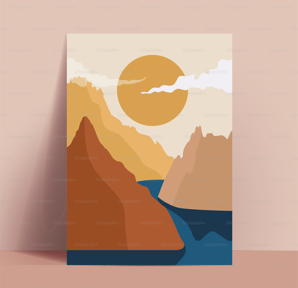 Abstract trendy pastel colored mountains landscape poster or card or wallpaper design template with mountains silhouettes and river and sun in the sky with clouds. Vector eps 10 illustration