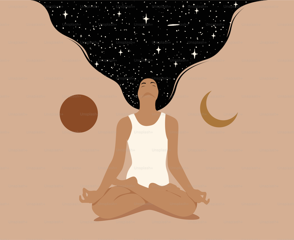 Meditation or mindfulness or dreaming concept with woman sitting in lotus pose with crossed legs and raised dark hair with starry space texture. Minimalistic eps 10 vector illustration in trendy pastel color