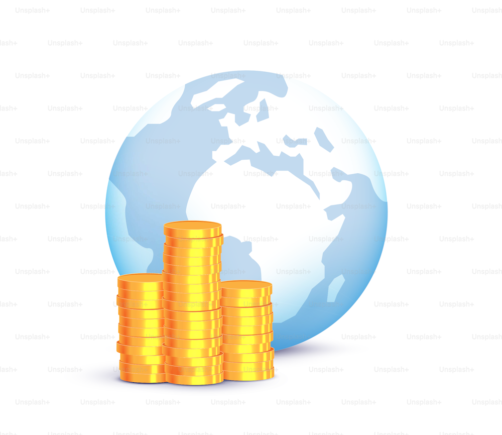 Concepto global de la economía mundial con globo terráqueo y pilas de monedas doradas sobre fondo púrpura. Ilustración vectorial eps 10