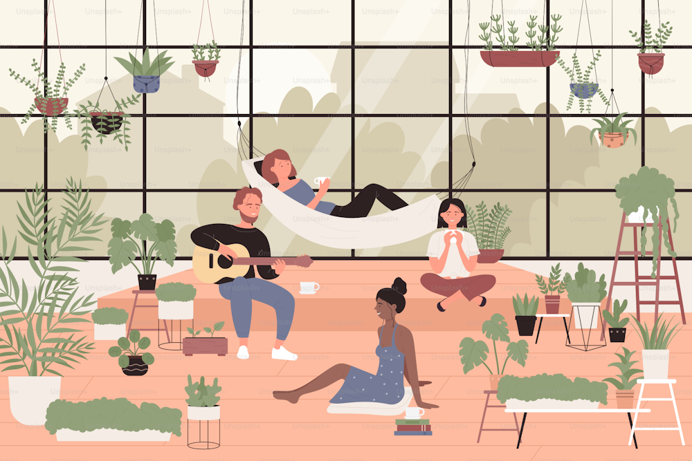 People in greenhouse home garden vector illustration. Cartoon young man woman friends characters spend time together in green house interior with potted houseplants in pots, botanical hobby background
