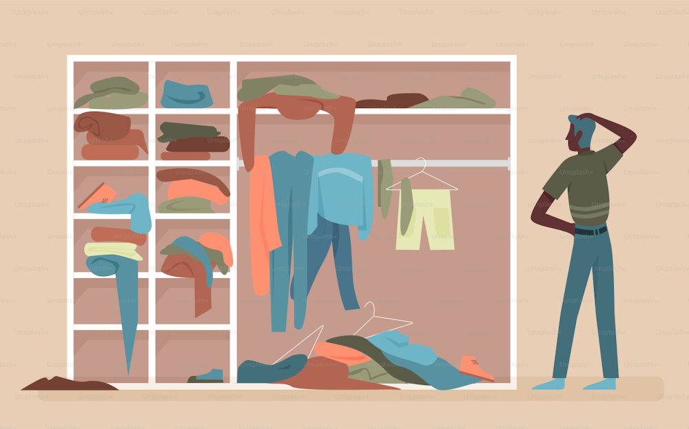 Black african american man choosing clothes in clothing home wardrobe room vector illustration. Male character trying to choose what to wear, standing near closet dresser full of clothes, shoes
