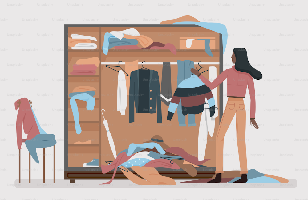 Messy closet, dressing home room interior vector illustration. Black african american woman worried about mess in open wardrobe, standing next to pile of thrown clothes, untidy clutter.