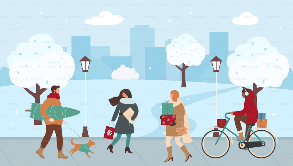 People walk on Christmas city street vector illustration. Cartoon man woman characters hurrying for Christmas market sale, xmas shopping, holding box gifts for winter holidays celebration background