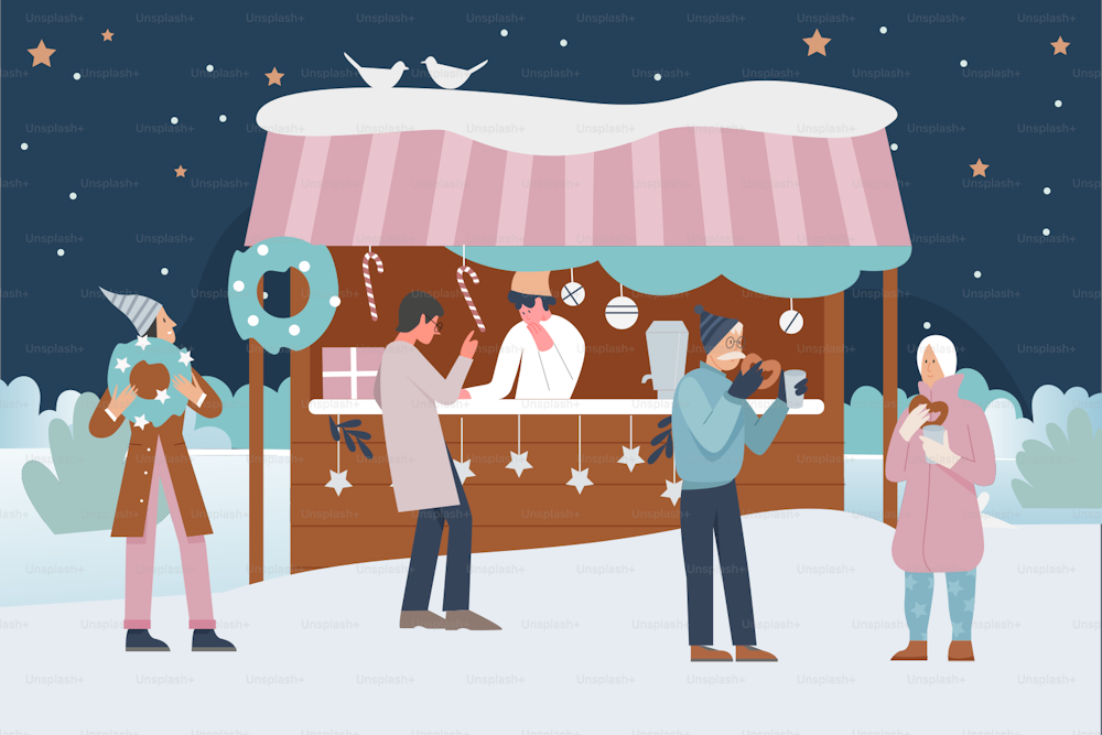 People enjoy Christmas market or holiday outdoor fair on town square vector illustration. Cartoon happy man woman friend characters walk, buy snack food and gifts from market stall or kiosk background