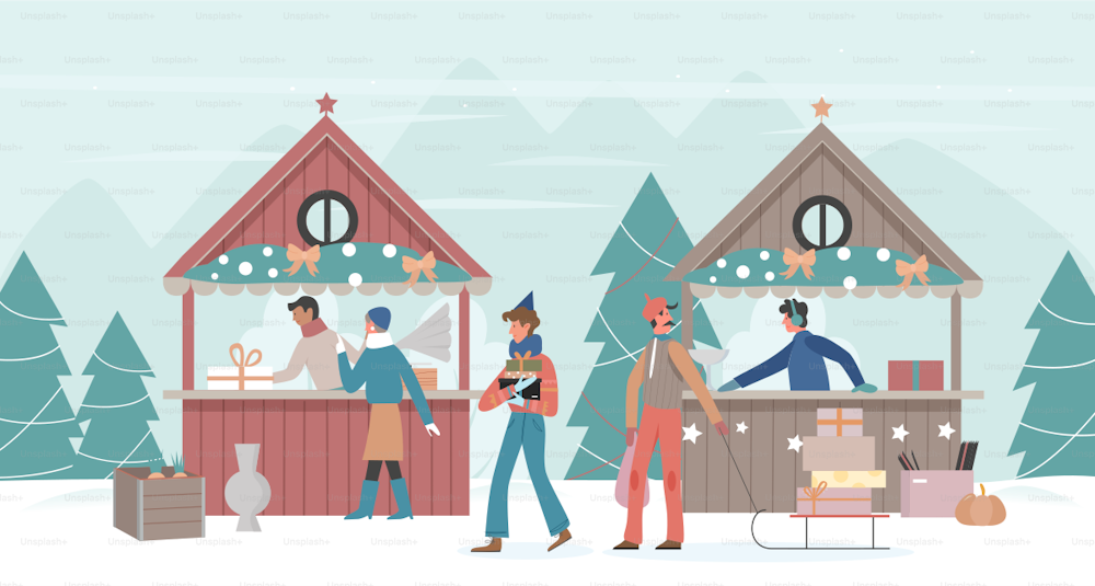 La gente de la familia camina en la ilustración vectorial de la ciudad navideña o del mercado del pueblo. Los personajes de los clientes de dibujos animados compran regalos de Navidad y comida en un mercado decorado festivo, un puesto de Navidad o un quiosco de fondo.