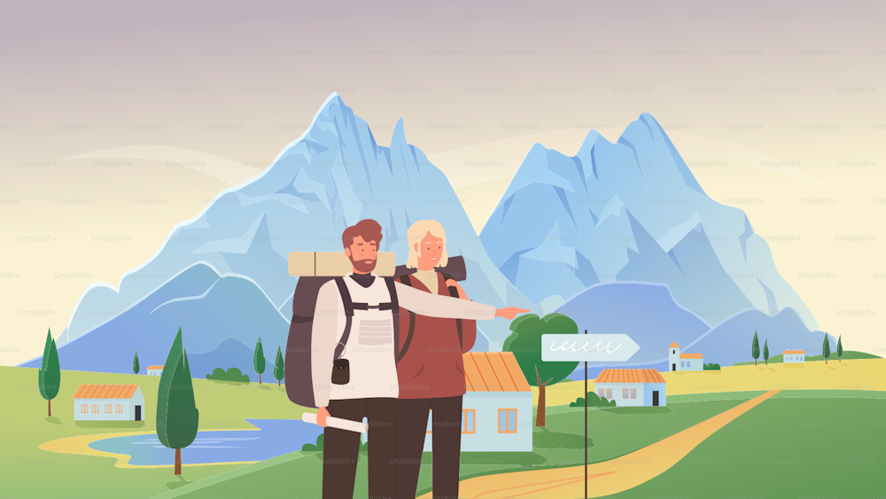 People tourists hiking vector illustration. Cartoon young couple traveler hiker characters visit mountain village landscape, man showing way, hike and travel adventure, summer tourism background