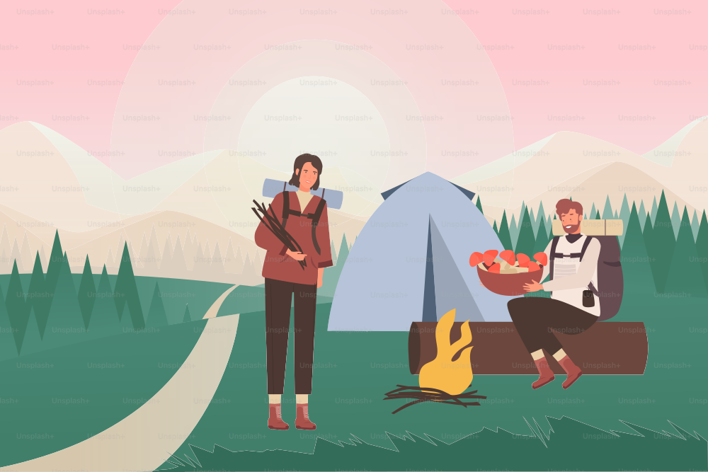 People in summer nature camping vector illustration. Cartoon young couple tourist characters sitting by tent and camp fire, man holding basket with edible mushrooms, woman with firewood background