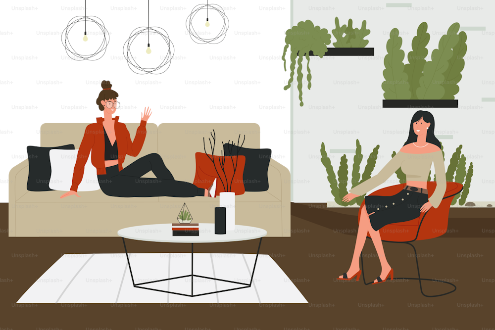 Friends girls conversation vector illustration. Cartoon young happy fashion woman characters sitting on sofa couch and in armchair of cozy home living room interior, talking, friendship communication