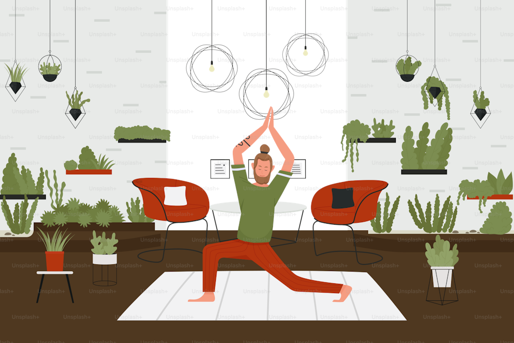 Ilustración vectorial de actividad de yoga en casa. Personaje de hombre activo de dibujos animados con barba haciendo yoga pranayama ejercicio, meditación, deporte fitness práctica de atención plena en el fondo interior de la sala de estar del hogar