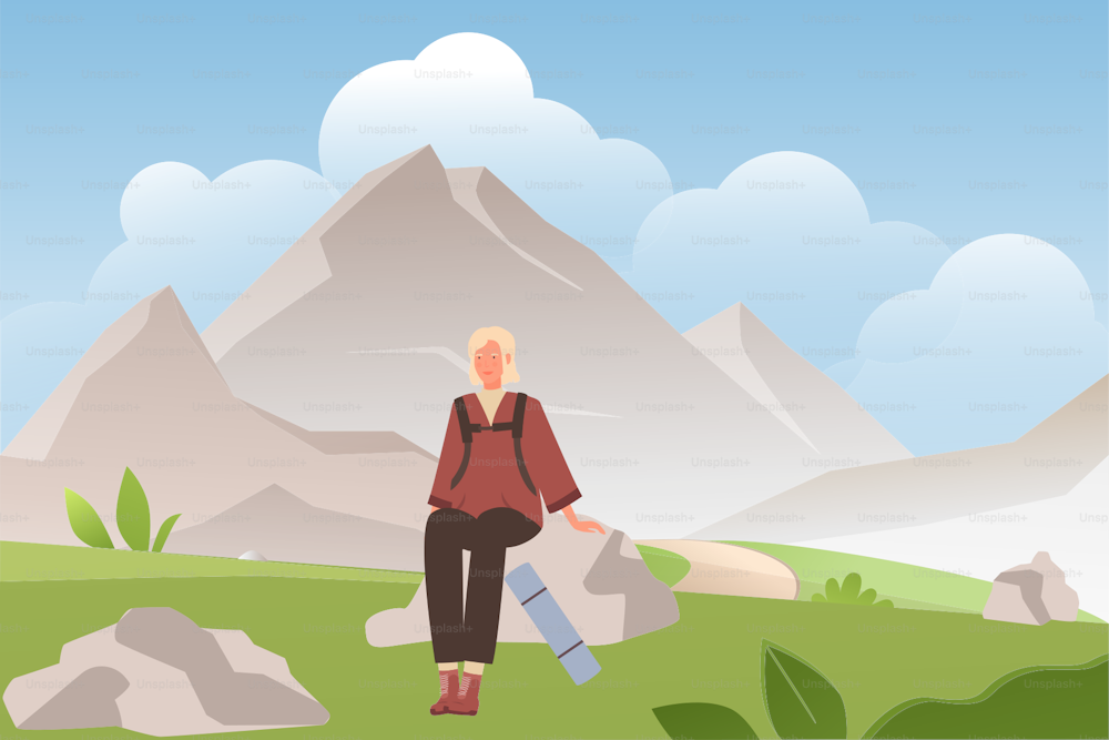 Woman in summer adventure vector illustration. Cartoon female tourist character sitting on stone rock, enjoying beautiful nature landscape with mountains and green summer medow, tourism background