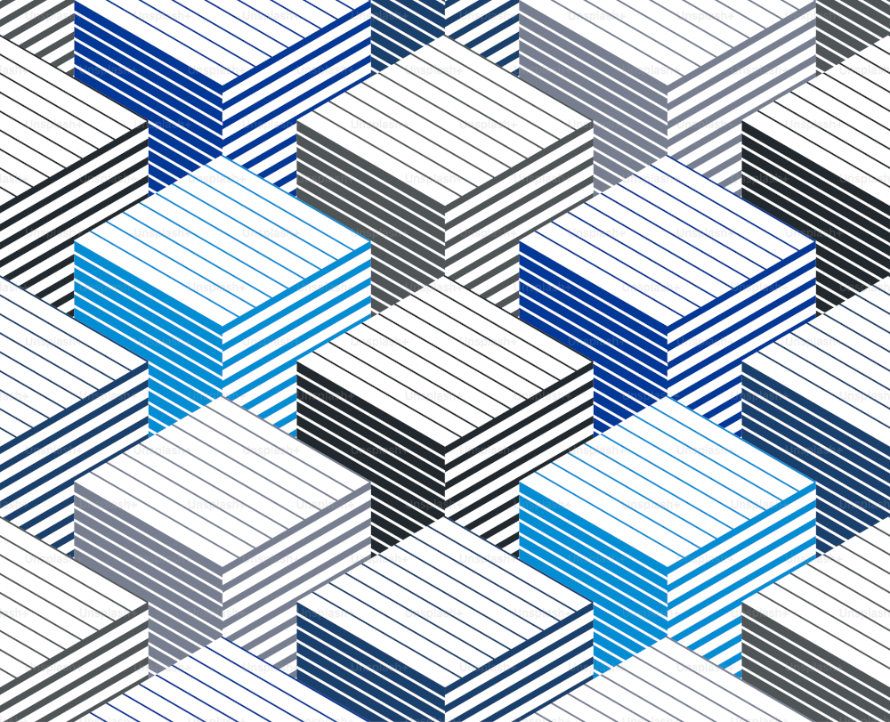 Geometric 3D seamless pattern with lined cubes, stripy boxes blocks vector background, architecture and construction, wallpaper design.
