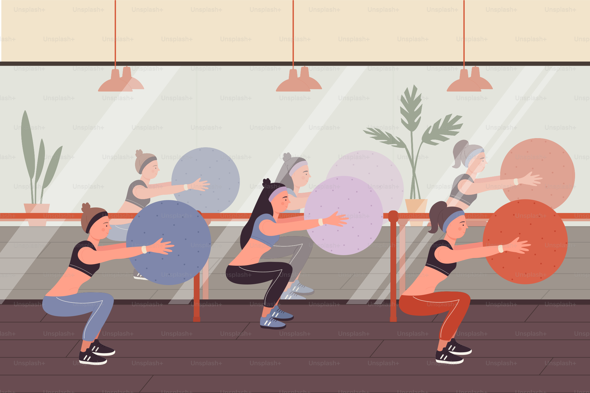 Fitness people at sports training vector illustration. Cartoon sportive woman group of characters in sportswear squat, doing ball exercises in modern studio gym interior, young lady workout background