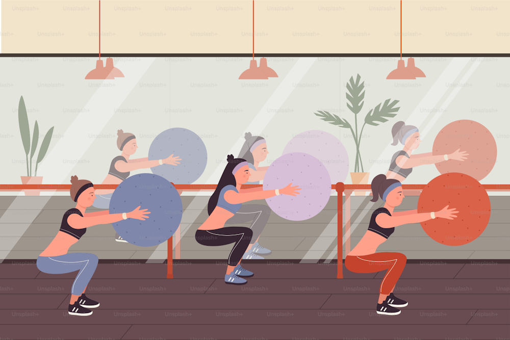 Fitness people at sports training vector illustration. Cartoon sportive woman group of characters in sportswear squat, doing ball exercises in modern studio gym interior, young lady workout background