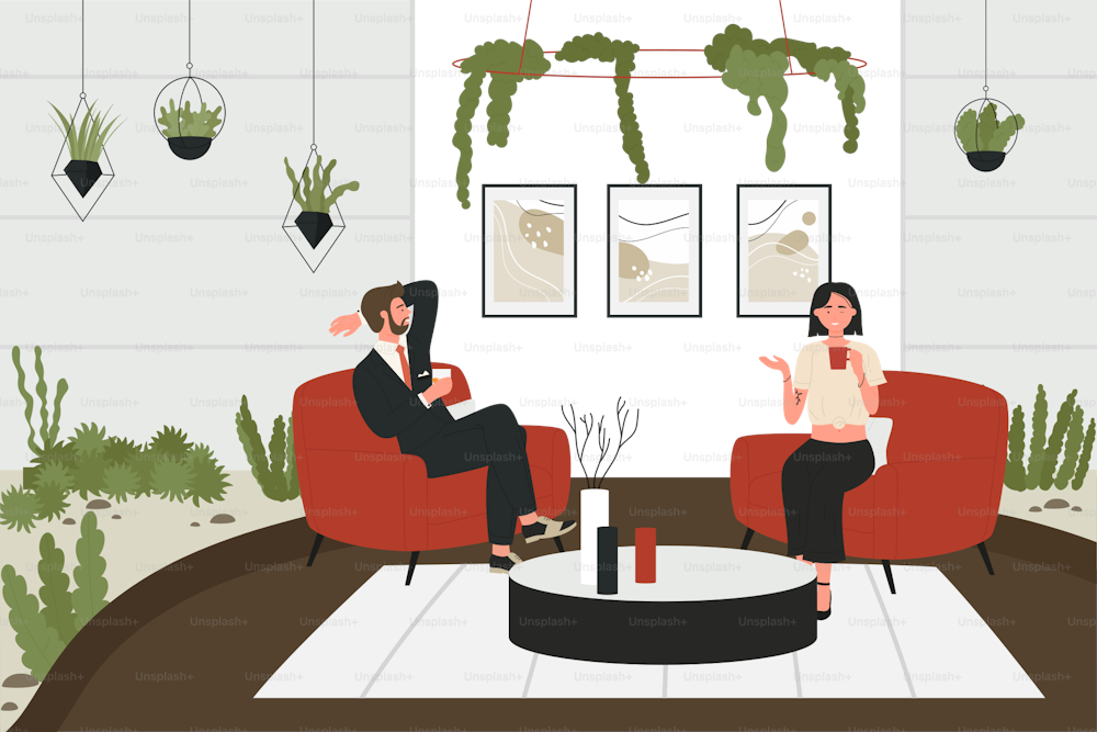 People talk vector illustration. Cartoon young man woman friend or colleague characters sitting in armchairs, talking, taking coffee break together, relaxing on lunch time drinking tea background