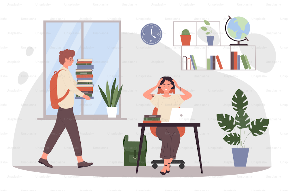 Student teen people study at home together vector illustration. Cartoon young boy holding stack of books, exhausted girl character sitting on desk with laptop and textbook, studying hard before exam