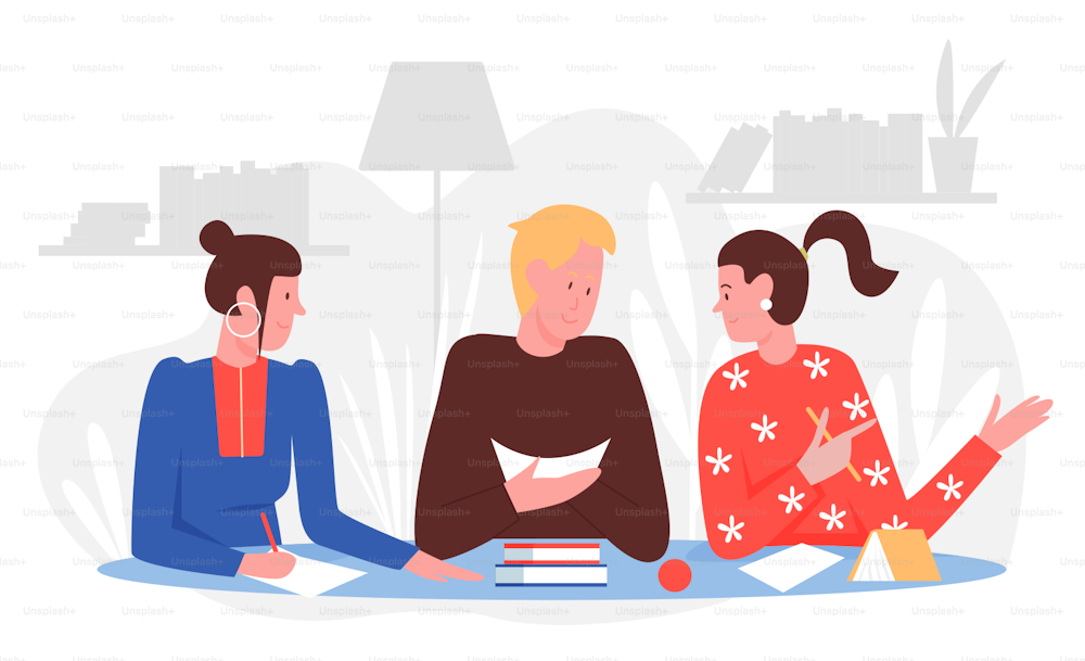 People students study with friends at home vector illustration. Cartoon young man sitting at table with books or textbooks, studying and talking with girls, doing homework together background