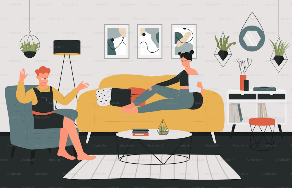 Students spend fun time together vector illustration. Cartoon happy young guy and girl friends sitting on sofa and armchair in home living room interior, characters studying and talking background