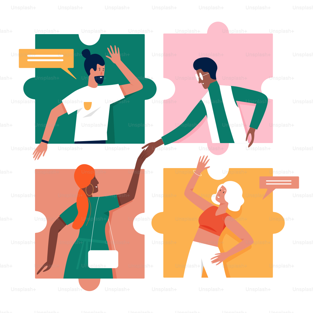People in friendly online chat communication vector illustration. Cartoon man woman friend characters chatting in messenger, standing inside puzzle pieces, social media concept isolated on white