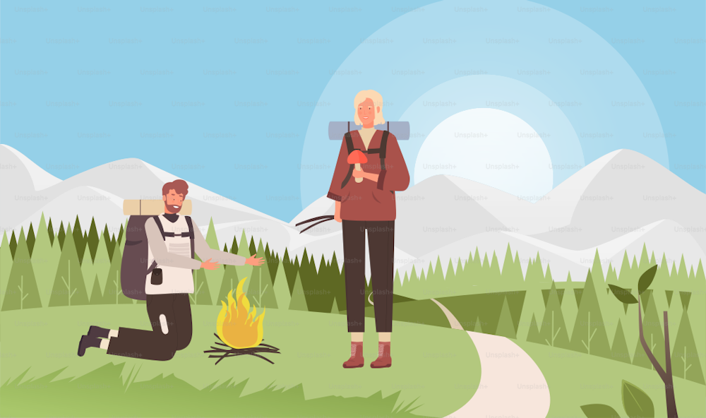 Campfire travel adventure vector illustration. Cartoon man woman tourist characters light camp fire in meadow near forest, happy friends or couple people and bonfire, outdoor tourism background