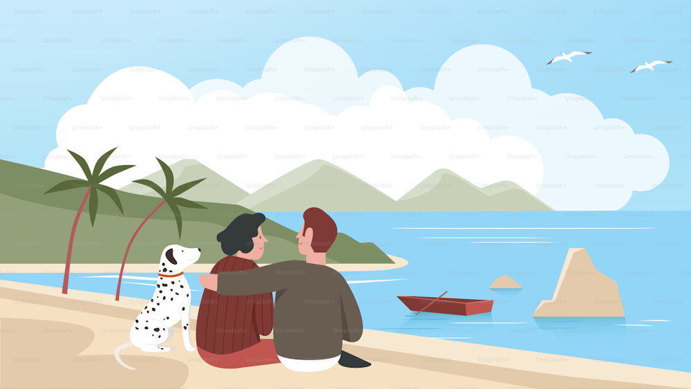 Man and woman couple spend time with pet on sea beach together, relaxing with own dog outside, loving domestic animals vector illustration