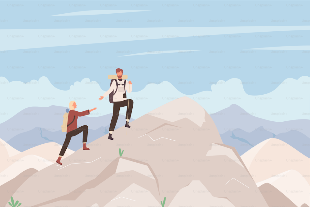 Tourist people climb mountain vector illustration. Cartoon man woman climbers with backpack climbing cliff, hikers characters explore rock mountains, nature sport outdoor expedition scene background
