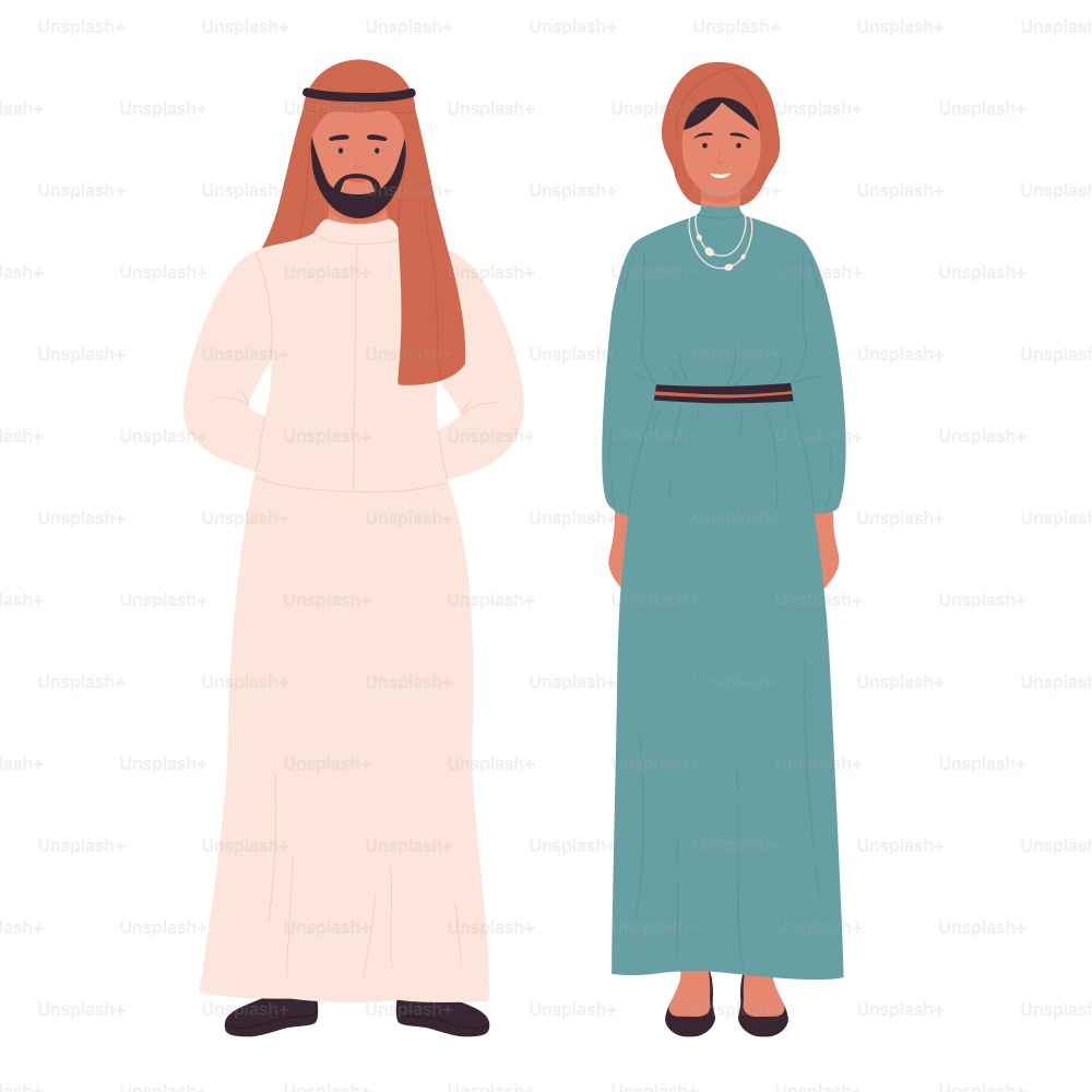 무슬림 가족이나 부부 벡터 그림. 만화 아랍 플랫 젊은 남자 여자, 아라비아 남편과 아내가 함께 서 있고, 사우디 캐릭터는 흰색에 고립된 전통 의상을 입고 있다