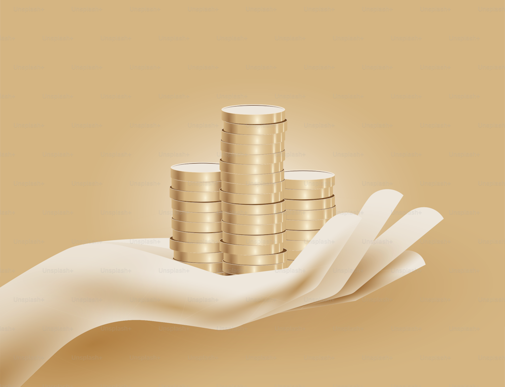 Money or salary or economy or cash or investment or earnings or savings concept with human hand holding golden coins on gold background. Minimalistic vector eps 10 illustration