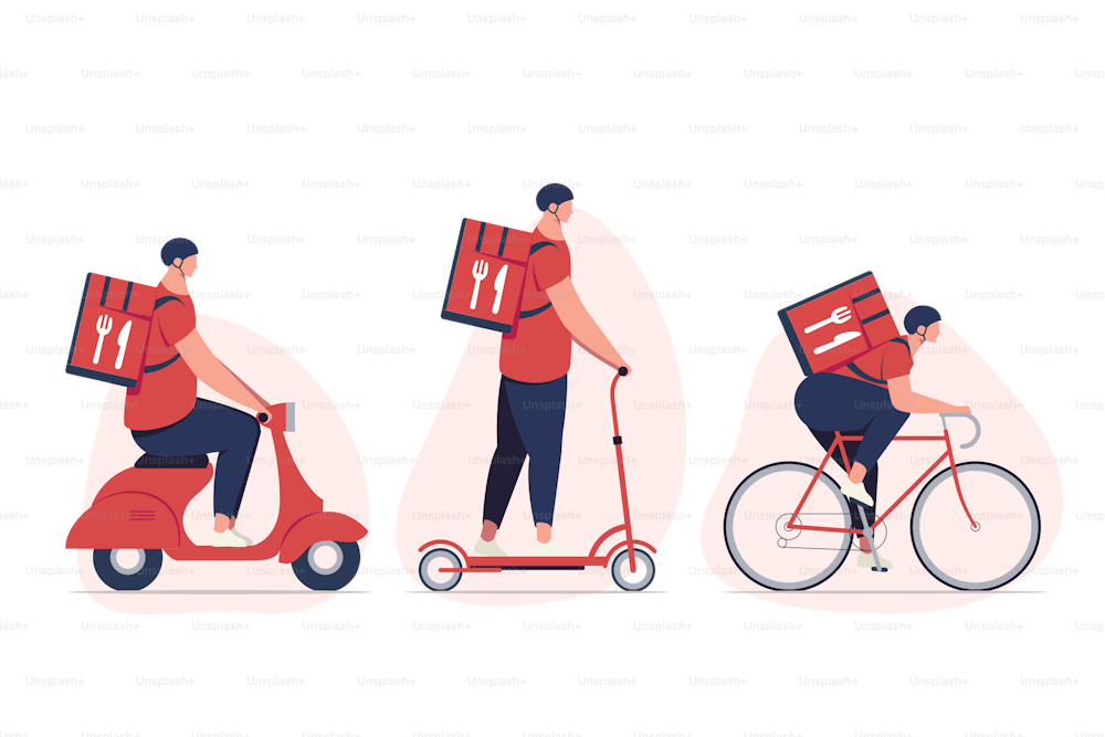 Le livreur ou le personnage de courrier en chemise rouge sur différents types de véhicules tels que cyclomoteur et scooter électrique et vélo fait la livraison. Isolé sur fond blanc. Illustration du vecteur eps 10