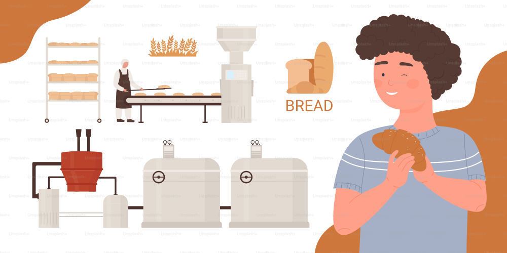 Bakery factory food industry, production process with baking bread vector illustration. Cartoon young boy character holding croissant baked product from bakery, baker chef worker cooking background