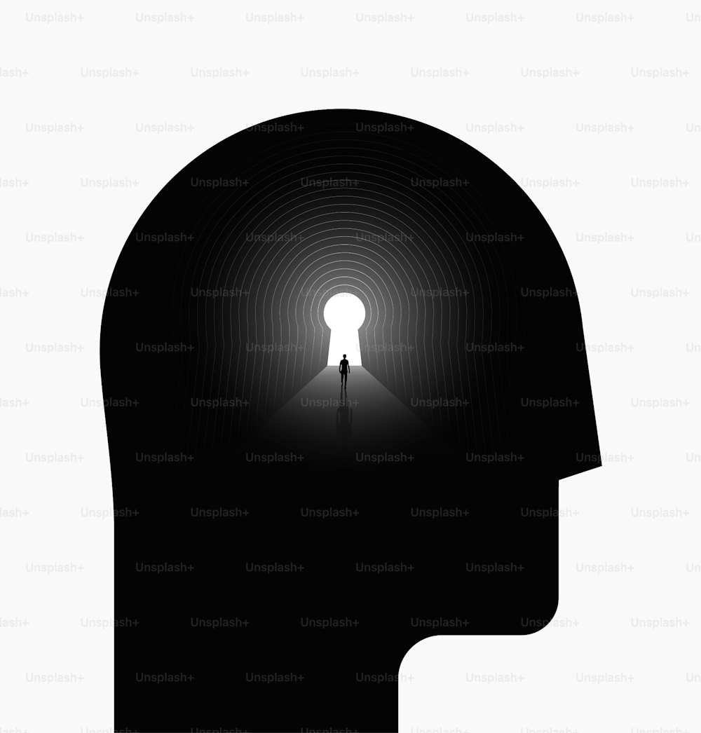 Inner world or inner space psychologic concept with black human head silhouette with human silhouette walking into the light at the end of the tunnel. Conceptual abstract vector eps 10 illustration