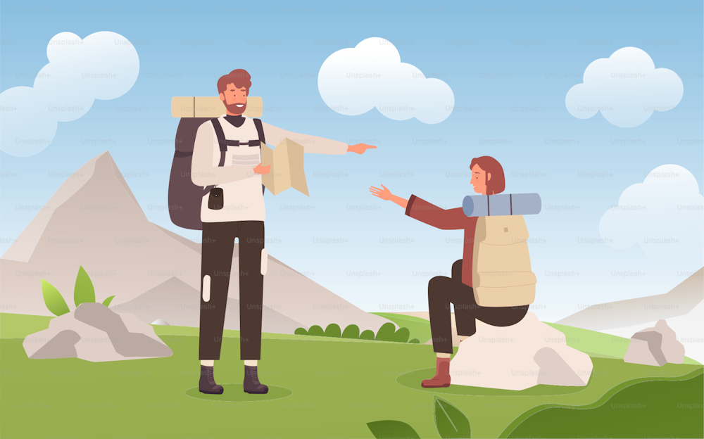 Couple people hike and travel vector illustration. Cartoon young woman man hiker characters relax and enjoy beautiful landscape, trekking in mountains and forest with backpacks and map background