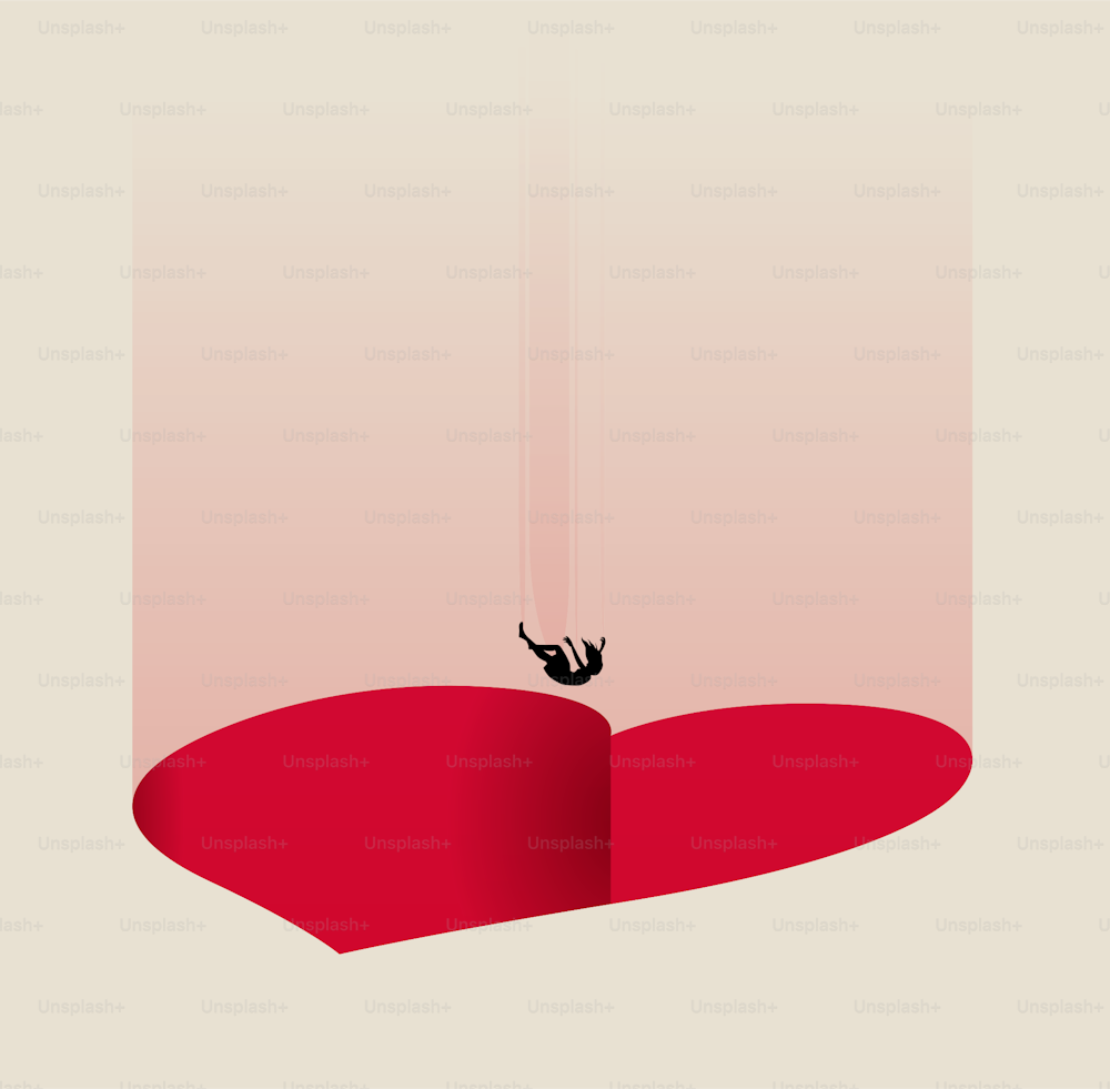 Enamorarse o relación dependiente concepto de metáfora abstracta con silueta de mujer que cae en el abismo rojo en forma de corazón. Ilustración minimalista vectorial eps 10