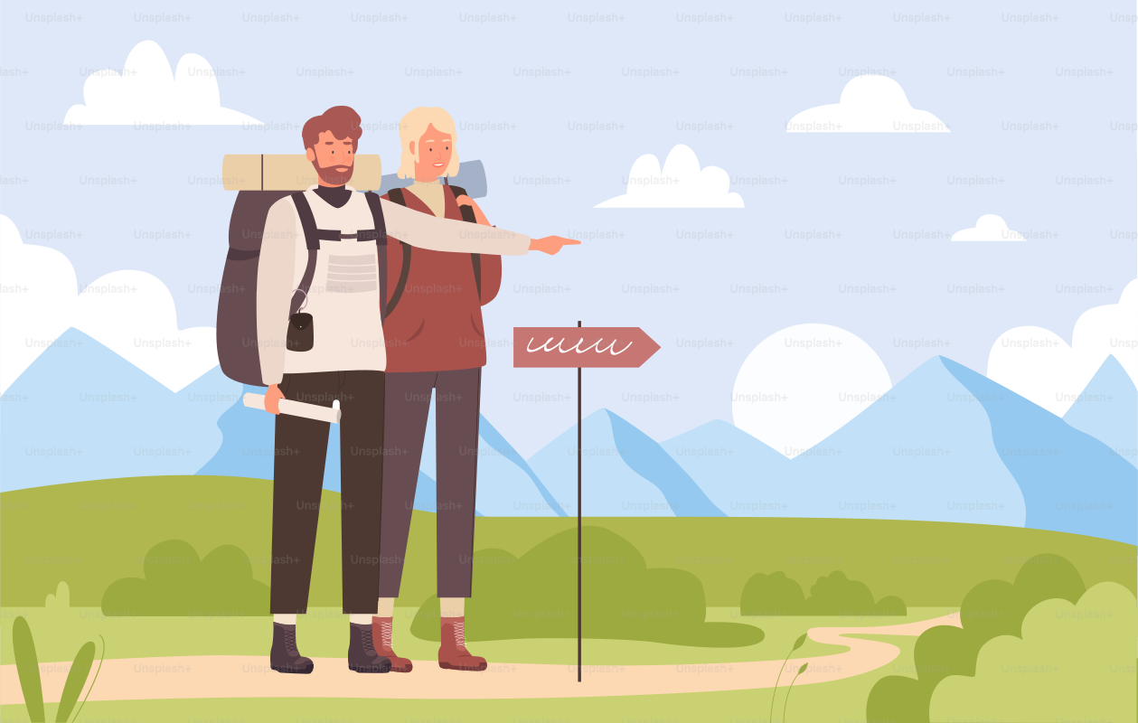 Sommertouristenausflug, Wandern im Freien, Abenteuer-Illustration. Cartoon junger Wanderer-Charakter zeigt auf der Straße durch natürliche Landschaft, Reisende wandern gemeinsam – Hintergrund
