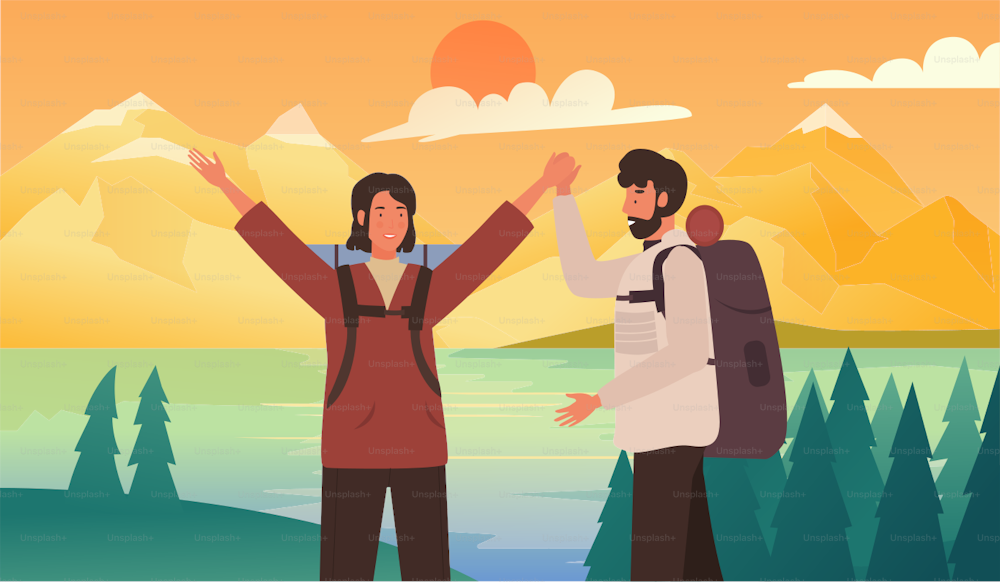 Travel summer destination with couple hiker people vector illustration. Cartoon young happy woman man backpacker tourist characters standing at hiking point, summertime hike adventure background