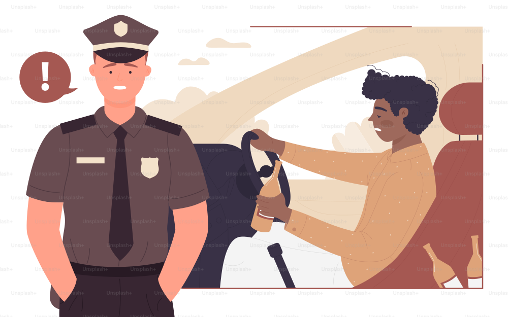 Stop drinking alcohol drink while driving car vector illustration. Cartoon young man character holding bottle, drunk driver sitting in automobile vehicle seat, policeman warning of danger background