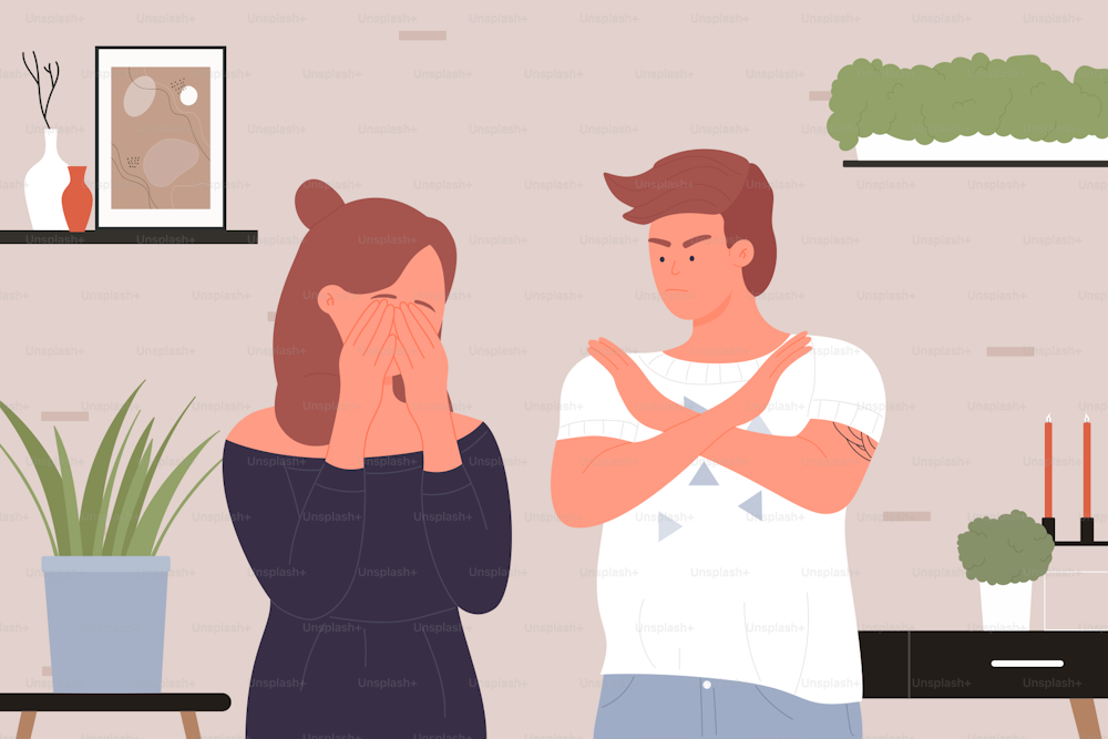 Family people quarrel vector illustration. Cartoon young angry man character quarreling in anger, frustrated sad woman crying, unhappy couple arguing, bad abuse conflict relationship background