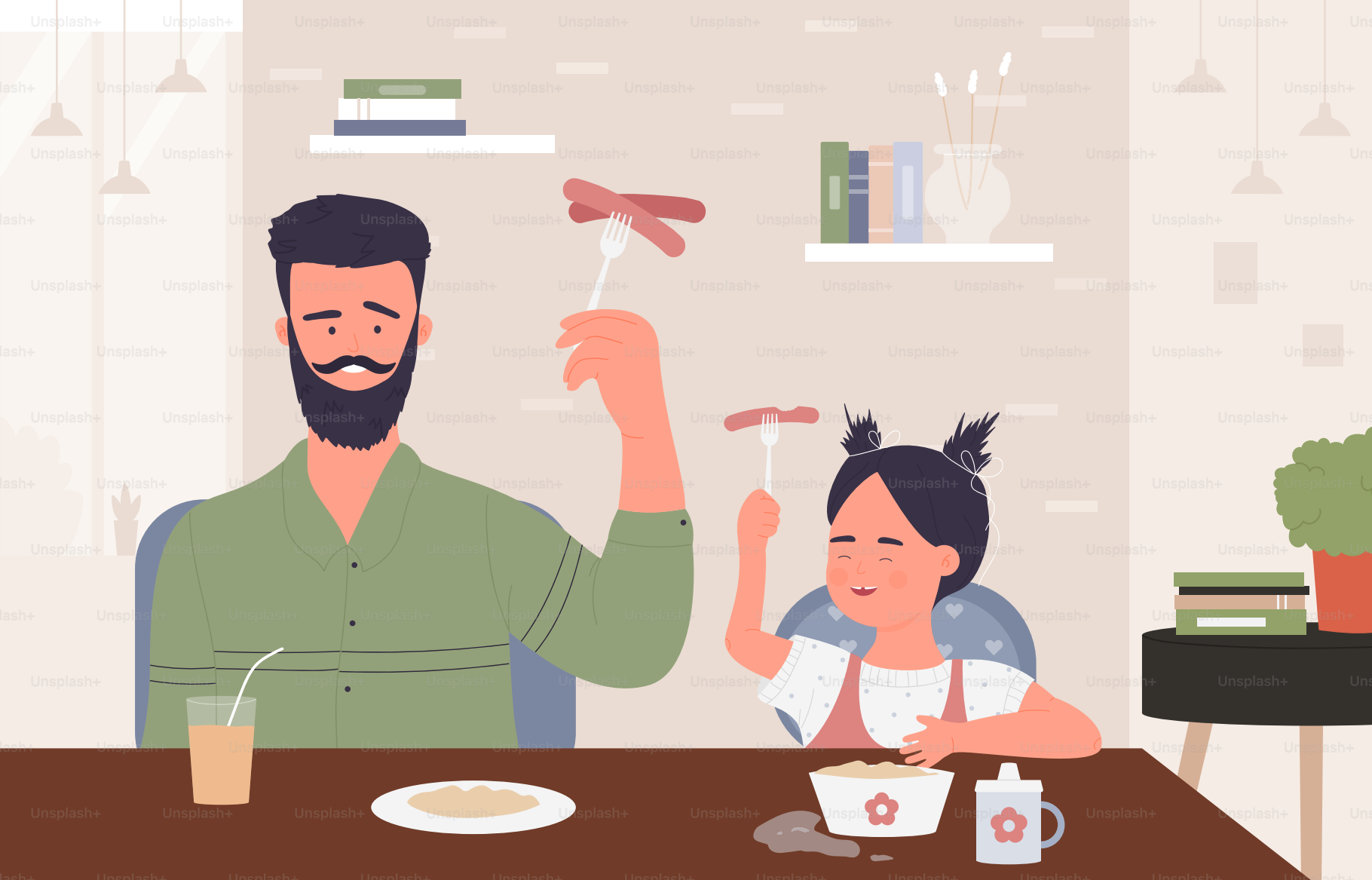 Orang-orang keluarga bahagia makan sosis, ilustrasi vektor. Kartun ayah muda lucu dan gadis lucu anak perempuan karakter bersenang-senang bersama, makan makanan dan memegang garpu dengan latar belakang sosis