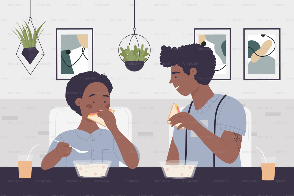 Happy family people eat dinner food in kitchen interior vector illustration. Cartoon young father and cute son child characters eating meal together, dining and talking, sitting at table background