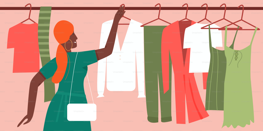 Woman trying to choose fashion outfit clothes in boutique or store vector illustration. Cartoon girl shopper character standing next to clothes hanging on shop hangers, consumer shopping background
