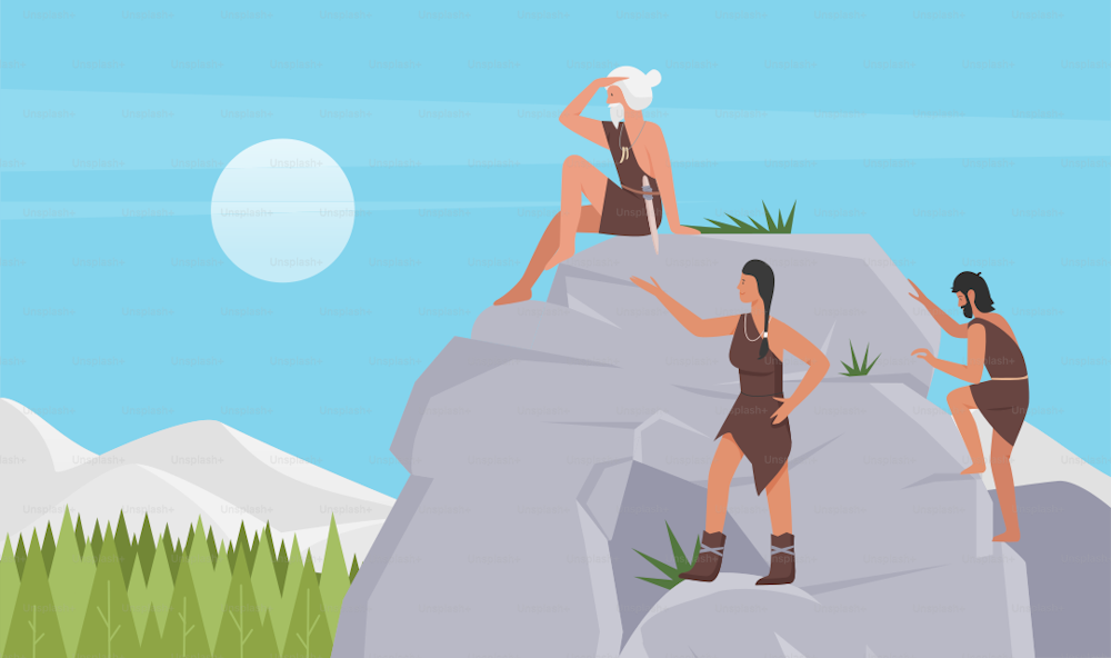 Prehistory tribe of stone age people vector illustration. Cartoon tribesman caveman character climbing rock, primitive man sitting on stone cave, cute ancient primal woman in animal skin background