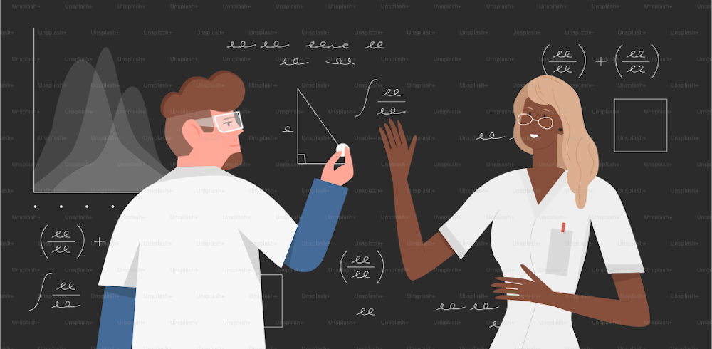 科学者の人々は科学数学、教育ベクターイラストを研究します。黒い黒板に数学の公式を書く漫画の男性女性研究者のキャラクター、同僚が一緒に働く背景