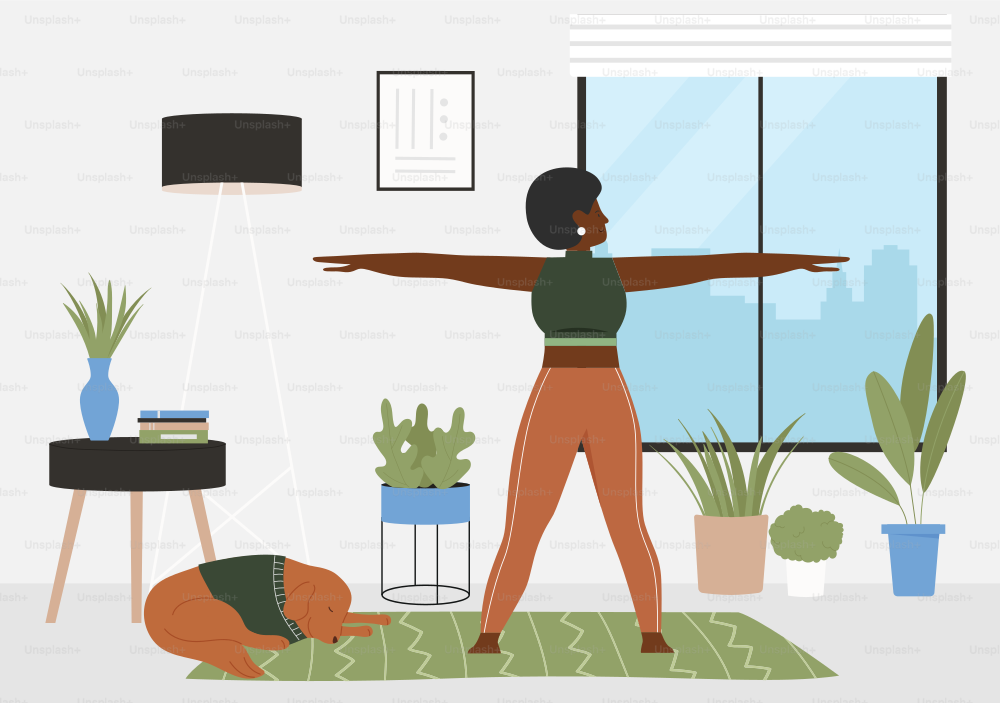 Sport fitness workout at home vector illustration. Cartoon active young sportive woman character in sportswear training, doing gymnastic exercise, practicing gymnastics in home interior background