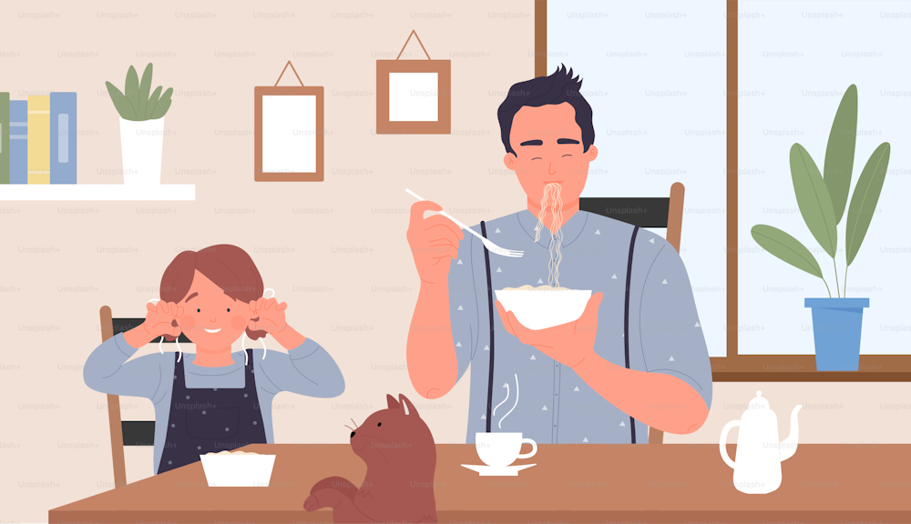 La gente de la familia desayuna, el niño juega a la ilustración vectorial. Personaje de caricatura padre feliz comiendo, hija niña niña y gato mascota sentados a la mesa en el interior de la cocina de la casa, jugar juntos fondo