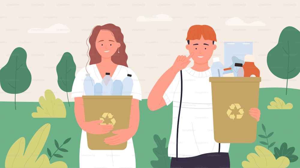 People clean nature forest environment from plastic waste vector illustration. Cartoon happy girl boy characters collect garbage trash, young volunteers holding bags of plastic bottles background
