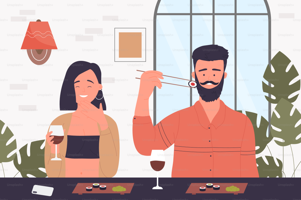 People couple eat sushi in Japanese cafe vector illustration. Cartoon happy young man woman character eating sushi food together, sitting at table in restaurant interior, girl drinking wine background