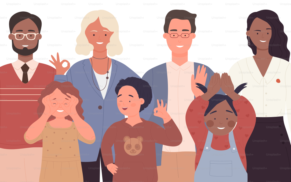 Crowd of people, diverse family portraits vector illustration. Cartoon happy multiethnic multinational multicultural group of adults and kids, cute boy girl, man woman standing isolated on white