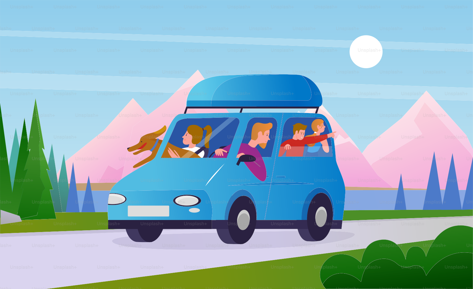 Les gens de famille voyagent en illustration vectorielle automobile. Dessins animés voyageurs heureux, père, mère, enfants, personnages et chien de compagnie en voiture, profitez de l’auto en train de voyager en été sur la route en arrière-plan