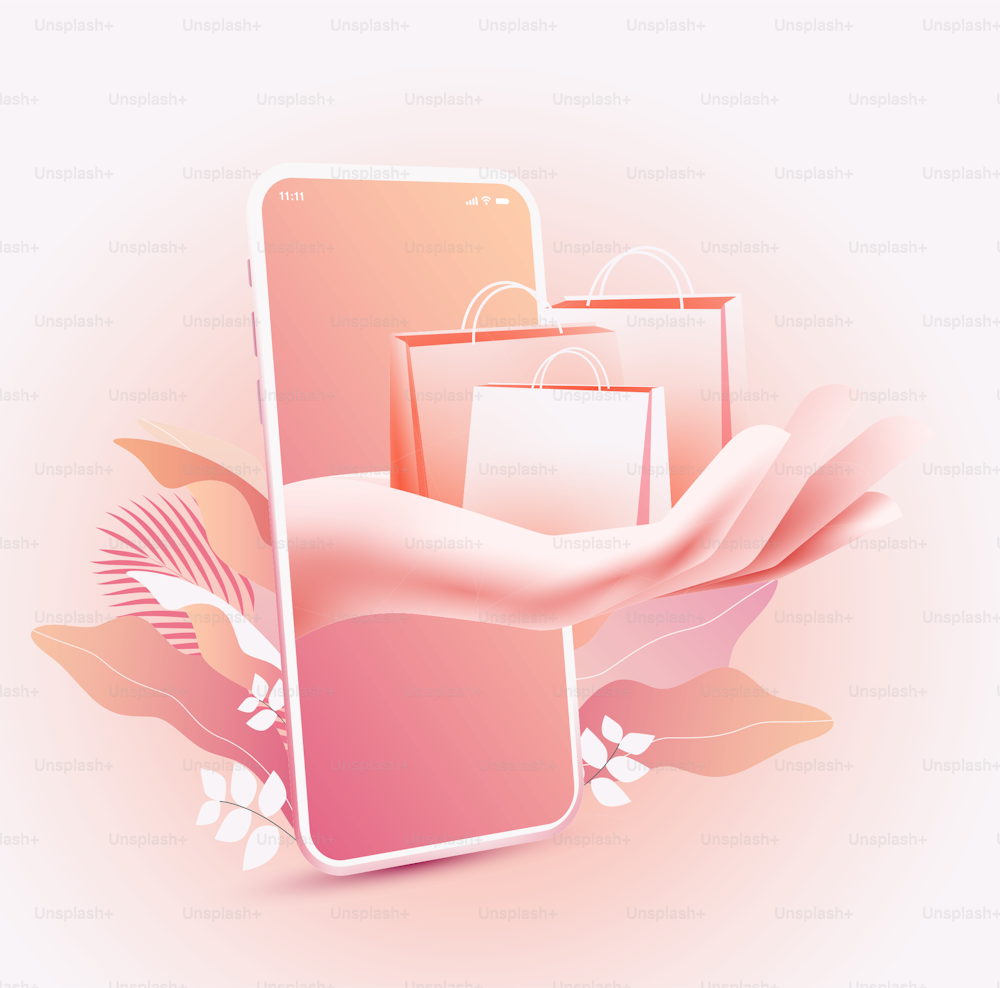 Online shopping and delivery order concept with hand holding shopping bags exits the screen of smartphone on floral background website banner or poster or flyer promo. Vector eps 10  illustration
