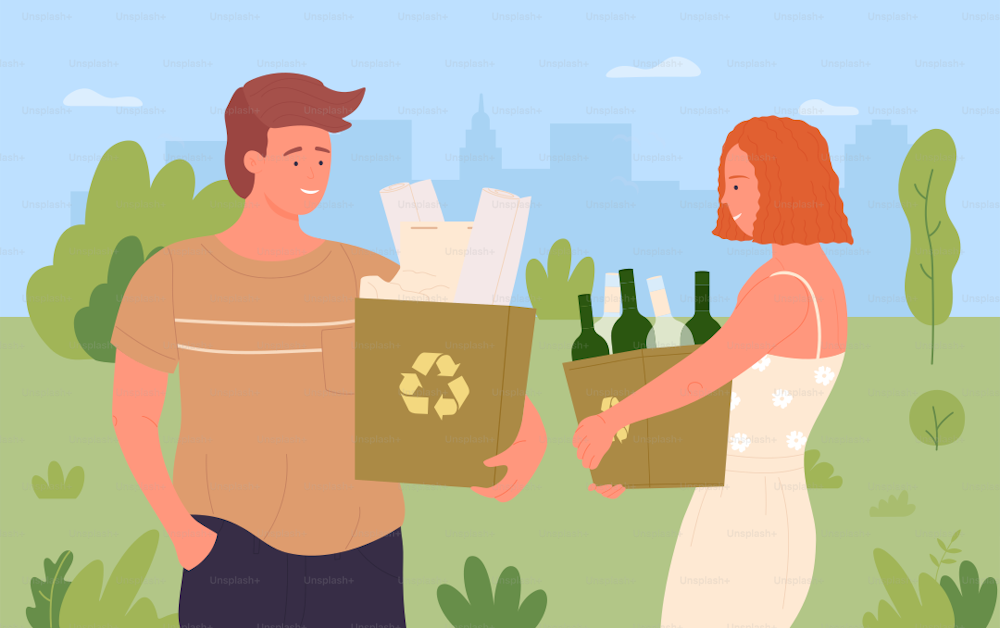Clean help protect nature environment vector illustration. Cartoon happy teen people cleaning city park, young volunteers holding recycling bags with glass bottles and paper trash waste background