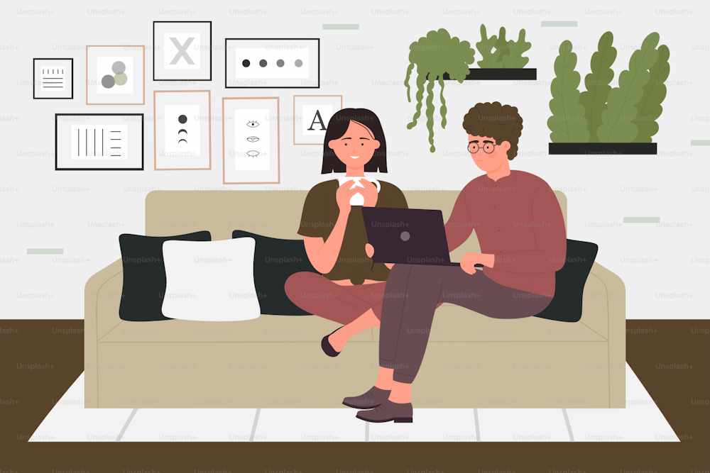 Couple people relax in home living room interior vector illustration. Cartoon young characters sitting on sofa couch together in evening time, girl holding coffee cup, man with laptop background